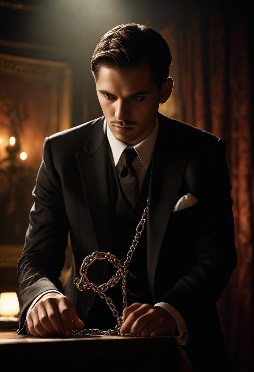 A mysterious and evocative scene depicting a hypnotist with a swirling watch chain in the foreground, surrounded by shadows of a secretive adult entertainment venue. Soft, sultry lighting illuminates the contrasting figures of an entranced audience in the background, symbolizing allure and intrigue. Include subtle elements that hint at taboo themes, such as playful silhouettes and tantalizing props. Overall, create an atmosphere of both fascination and curiosity. super-realistic. dark and moody colors. cinematic.