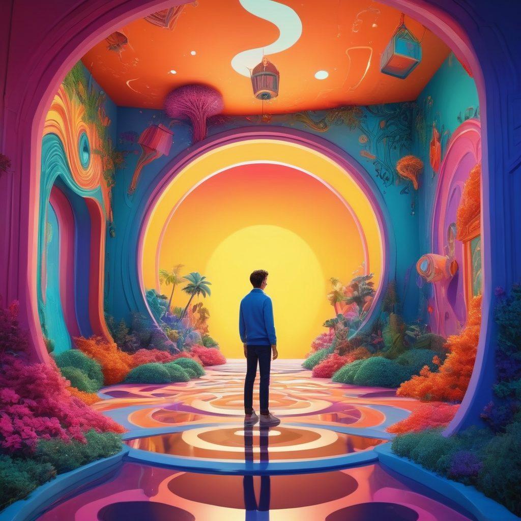 A vibrant and surreal scene depicting a cartoonish setting with hypnotized male characters, illustrated with exaggerated expressions of bliss and curiosity. The background showcases a whimsical adult animation world filled with bold colors, swirling patterns, and playful, abstract shapes. Include elements that evoke the themes of exploration and attraction, like a funhouse mirror maze or fantastical landscapes. The artwork should blend elements of humor and allure, inviting the viewer into this unique realm. vector art. vibrant colors. playful style.
