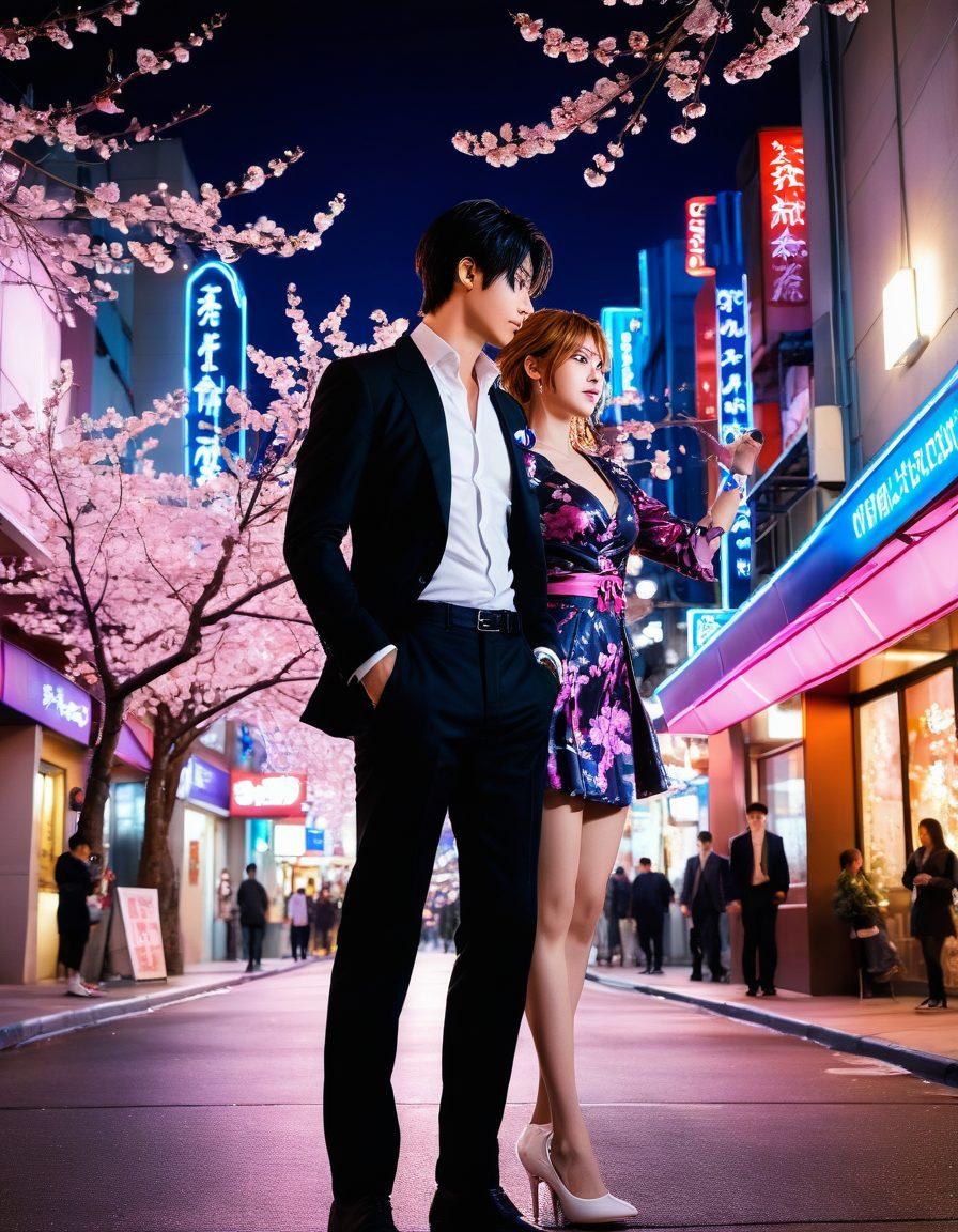 An artistic representation of a vibrant manga scene blending fantasy and eroticism, featuring stylish characters with exaggerated expressions in a dynamic urban background. Include elements like cherry blossoms and neon lights to enhance the allure. The scene should evoke a sense of adventure and exploration of sexuality. super-realistic. vibrant colors. detailed drawing.